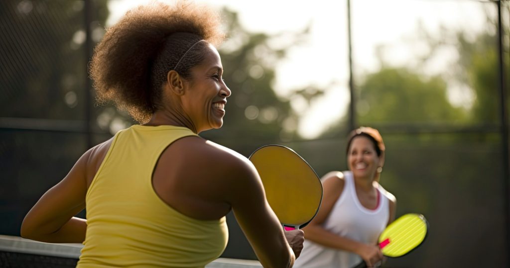 2 woman playing pickleball