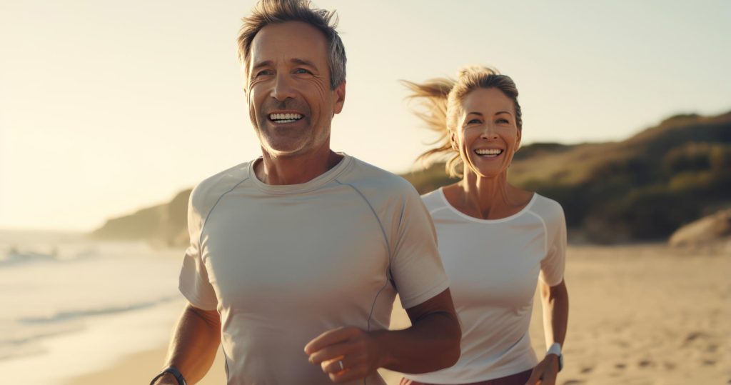 middle aged man and woman running on the beach